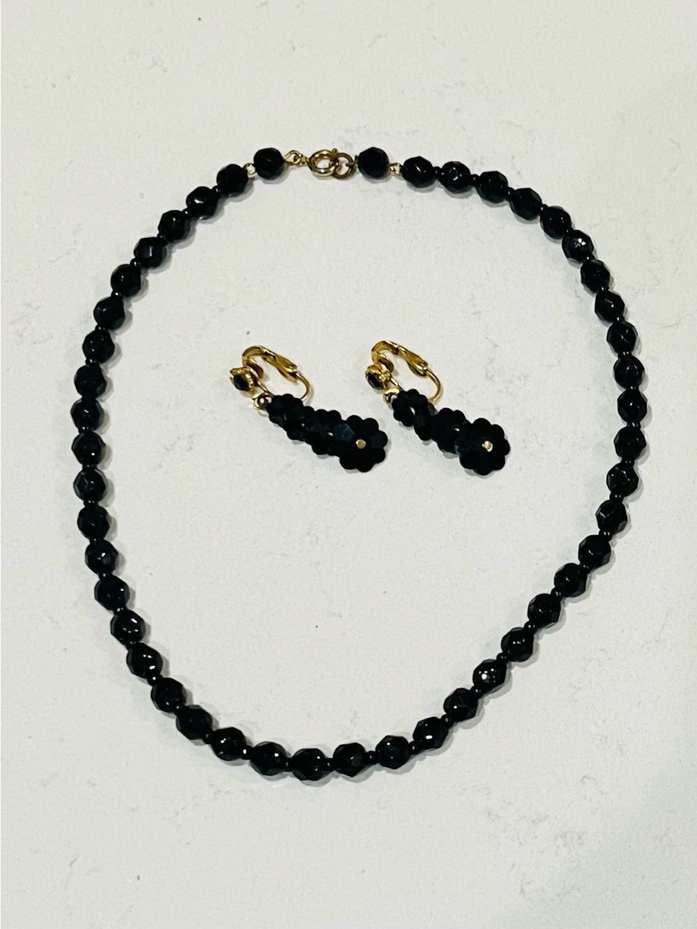 Vintage Black Faceted Glass Necklace & Clip Earrings Set 1950s 60s